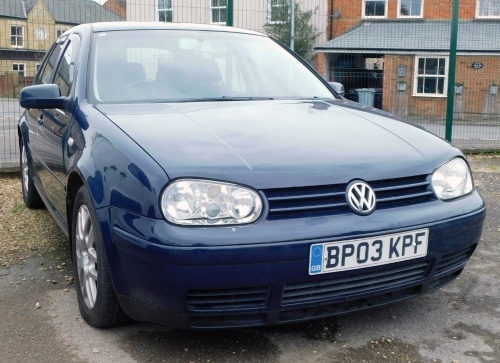 A Volkswagen Golf GT TDI, registration BP03 KPF, in blue, manual, diesel, 5 door hatchback, 1896cc, current mileage 187,960, first registered 01.08.03, four previous keepers, V5 present, MOT valid until 11.05.24, some MOT and parts receipts.