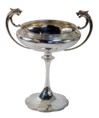 Motor Racing Interest. A George V silver two handled trophy awarded to Raymond Mays, the circular bowl with two lion head handles, on a circular stem on petalated base engraved for Midland Automobile Club Annual Open Hill Climb Shelsley Walsh 1932 MAC Bri