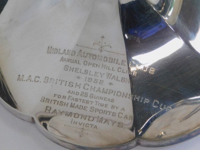 Motor Racing Interest. A George V silver two handled trophy awarded to Raymond Mays, the circular bowl with two lion head handles, on a circular stem on petalated base engraved for Midland Automobile Club Annual Open Hill Climb Shelsley Walsh 1932 MAC Bri - 3