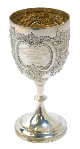 Motor Racing Interest. A silver plated trophy cup awarded to Raymond Mays, the circular bowl embossed with floral and scroll decoration, circular foot, the bowl engraved Blackpool Open Speed Trials Presented by Charles Jarrott and Letts Ltd (Bugatti) for