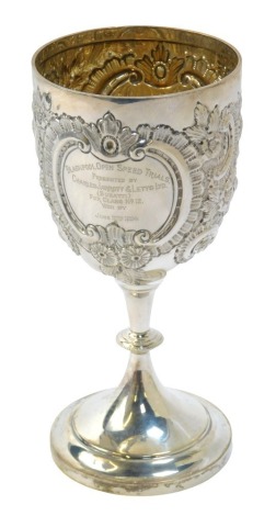 Motor Racing Interest. A silver plated trophy cup awarded to Raymond Mays, the circular bowl embossed with floral and scroll decoration, circular foot, the bowl engraved Blackpool Open Speed Trials Presented by Charles Jarrott and Letts Ltd (Bugatti) for 