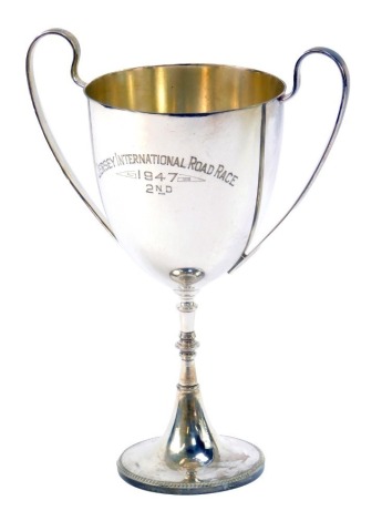 Motor Racing Interest. A silver plated two handled trophy awarded to Raymond Mays, for The Jersey International Road Race 1947, Second Place, 27.5cm high. Provenance: Bequeathed to Mrs Leverseidge in the will of Raymond Mays, number 92 in the inventory of