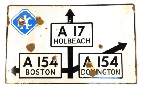 An RAC enamel road sign, for the split division between the A17 Holbech A154 Boston A154 Donington, stamped Royal Automobile Club London SW1 J32135, 75cm x 123cm. (AF)