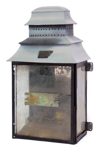 A rare late 19thC Waterfall railway platform lamp, for 'Loch Awe' Caledonian Railways, the lower tier of the triple pagoda style waterfall top stamped Caledonian, with LOCH AWE to the front glass, with side hinged door enclosing a double paraffin burner b