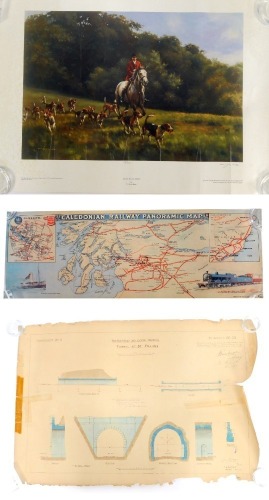 A late Victorian engineer's drawing for a railway tunnel at St Fillons, on the Lochearnhead & Comrie Railway, dated March 1901, with signatures, 68cm x 97cm, a reproduction map of a Caledonian Railway Panoramic map, and a limited edition coloured hunting