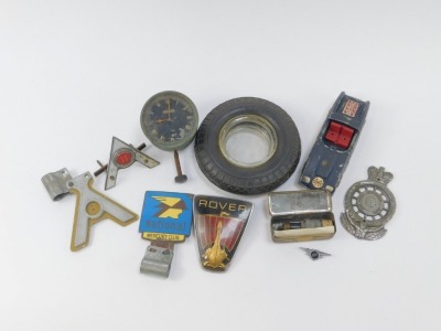 Various car badges, to include Rover, National Mercury Club, VM Driver, Royal Automobile Club, VM, Regulator Jaguar gauge, Spark Club, model car and a tyre ashtray. (a quantity) - 2