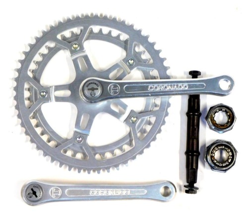 A Coronado bicycle chain ring and crank, with fixings, bearings and wheel hub axle. (1 tray)