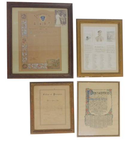 Railway and charter related pictures, comprising a Station Master's Road Station Certificate of Gratitude for Lindhurst 1914, in oak frame, 59cm x 47cm, a HW pine Station Master Lindhurst Road 1914 gratification list, 36cm x 28cm, a College of Preceptors 