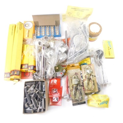 A group of bicycle parts, comprising Herman's handle grips, Eveready bulbs, horns, chains, etc. (1 box)