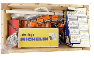 Various bicycle parts, to include Michelin Air Stop, Clark control cables, handlebars, Belvin bicycle pumps, bicycle chains, etc. (1 box)