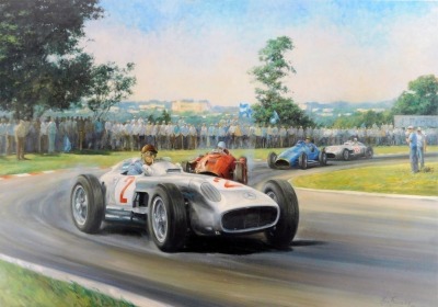 After Alan Fearnley. Fangio, print of Juan Manual Fangio on his way to victory in his Mercedes Benz W196, framed, 58cm high, 76cm wide.  