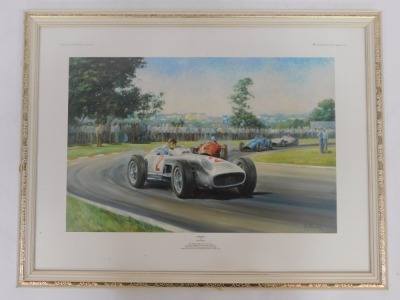 After Alan Fearnley. Fangio, print of Juan Manual Fangio on his way to victory in his Mercedes Benz W196, framed, 58cm high, 76cm wide.   - 2