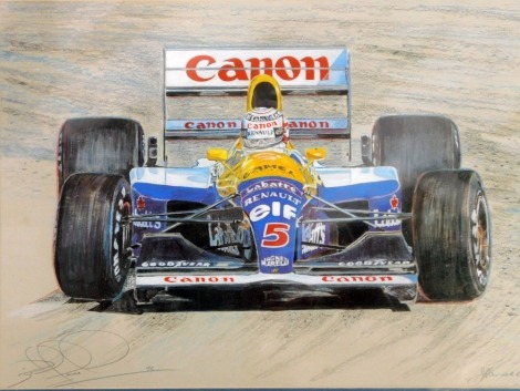 J Hansell. Red 5, the 1992 Williams Renault F1 racing car driven by Nigel Mansell, with advertising for Canon and Goodyear, signed in pencil by artist and Nigel Mansell, dated 92, in paper backing, 29cm x 38cm, unmounted. 