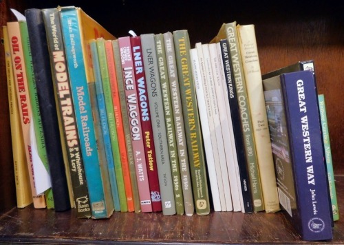 Railway interest books, to including Paris (Michael) Great Western Coaches from 1890, LNER Wagons, Great Western Railway in the 1930s, Model Railroads, Oil on the Roads, Awdry's Steam Railways, Railway Carriage album, etc. (1 shelf)