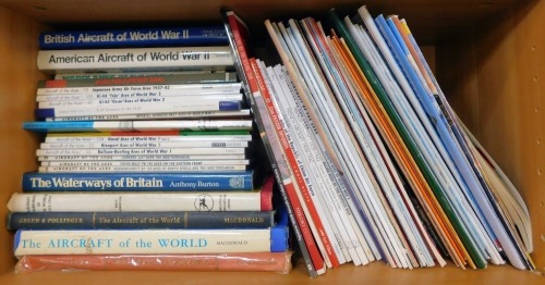 Aircraft related books, to include McDonald The Aircraft of the World, Burton (Anthony) The Waterways of Britain, British Aircraft of World War II, various magazines, etc. (1 shelf)