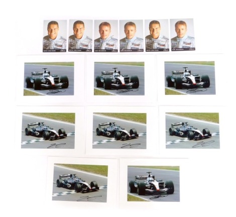 A collection of F1 related autographs, to include three David Coulthard Mercedes Benz photographic cards, bearing facsimile signature, three Kimi Raikkonen cards with facsimile signature, a group of Mercedes Benz F1 car photographs, each bearing biro sign