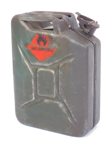 A metal petrol can, military style painted in green, 47cm high, 32cm wide.