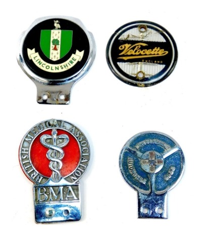 Four car badges, comprising Lincolnshire Automobile Club car badge, British Medical Association car badge, Lincolnshire car badge, and a Velocette badge. (4)