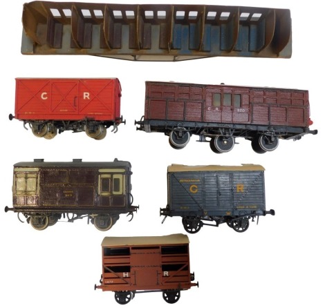 Five 'O' gauge scratch built goods wagons, for Caledonian Railway (3), Highland Railway and L & NWR. From the Collection of George Mackinnon-Ure.