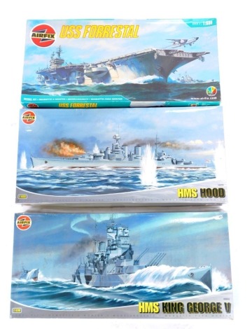 Airfix model kits, comprising 08201 USS Falstall, 1:600 scale, 08202 HMS Hood, 1:400 scale, and 08203 HMS King George V, 1:400 scale. (3)