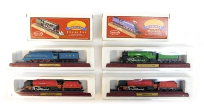 Britains Collectables Memories of Steam resin models, comprising Evening Star, Mallard, two static models of Mallard and the Flying Scotsman, and a Matchbox Direct Line red phone. (1 box)