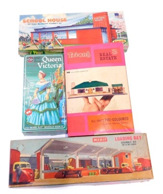 A group of model kits and games, comprising Merritt loading bay, assembly kit, OO and HO gauge, HO gauge school house, Tri-ang Real Estate Hollywood bungalow part pack, and an Airfix Queen Victoria 1-12 scale model kit, boxed. (4)