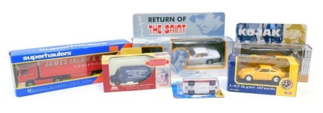 Diecast cars and trucks, comprising Superhaulers James Irlam and Sons Scania curtainside, Trackside VA Noddy van for Pickfords, a Corgi Jaguar XJS with Saint figure, 57404, 1-43 scale Super Wheels Motor Max car, and a Corgi detailed scale model Buick for 