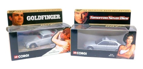 Two Corgi diecast 007 vehicles, comprising Goldfinger Aston Martin DB5 and Tomorrow Never Dies BMW 750i, boxed. (2)