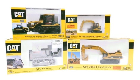 Four Norscott diecast CAT models, comprising 1-50 scale CAT 308C CR hydraulic excavator, 1-32 scale Challenger 95E agricultural tractor, 1-64 scale CAT 385BL excavator, and 1-16 scale CAT two tonne tractor, boxed. (4)