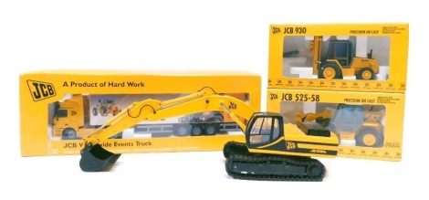 Four Joal JCB diecast models, comprising 1-35 scale Joal JS330L, unboxed, 1-50 scale JCB arctic, JCB 930, and a JCB 525-58, boxed. (4)