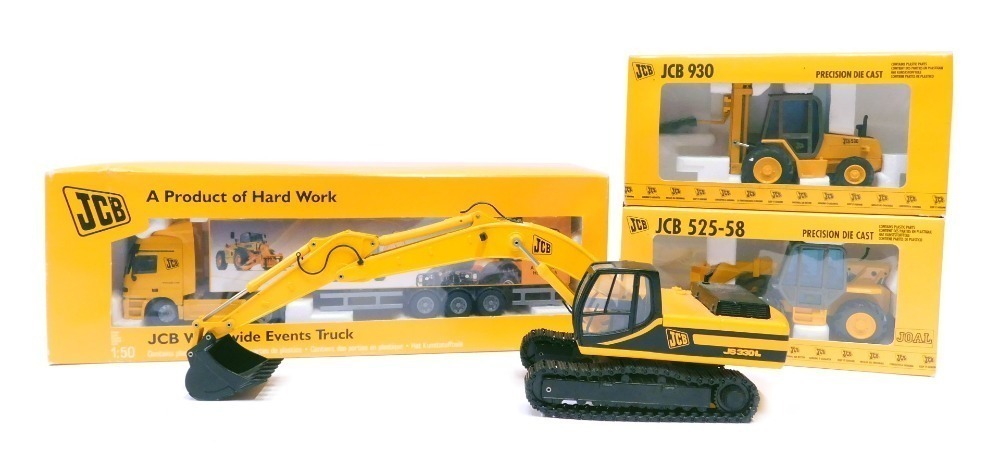 Four Joal JCB diecast models comprising 1 35 scale Joal JS330L unboxed 1 50 scale JCB