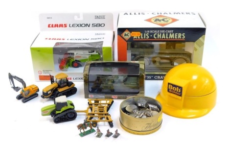 Diecast vehicles and model toys, comprising Claas Lexion 580 1-87 scale model combine harvester 56016, an Allis Chalmers 1-16 scale Monarch 35 crawler tractor, boxed, a Hobby Master model tank, boxed, diecast tractor models, Bob the Builder miniature play