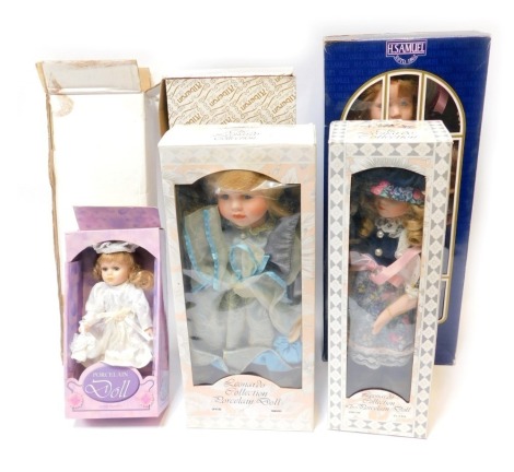 Collectors dolls, comprising Leonardo Collection Christie, Clara, Alberon, Hannah, china doll Elizabeth, H M Samuel porcelain collectors dolls, and smaller porcelain collectors doll, boxed. (6)