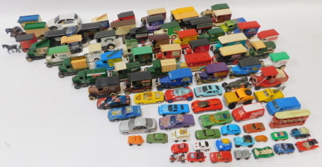 A group of diecast vehicles, playworn, to include advertising vans, Teama trucks, Lledo Days Gone models, etc. (1 box)