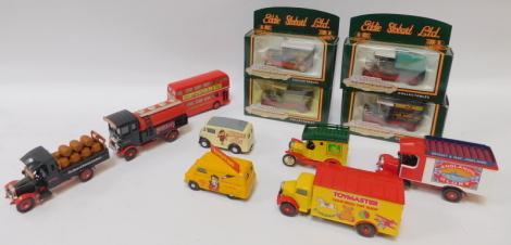 Corgi diecast collectors cars, comprising Comic Classics Adventure, Morris J van and AEC bus The Bash Street Kids and Minnie the Minx, Webster's House of Brewing Excellence, truck and wagon set, Toy Master Realtoy Bedford box van set, Transport of the 193