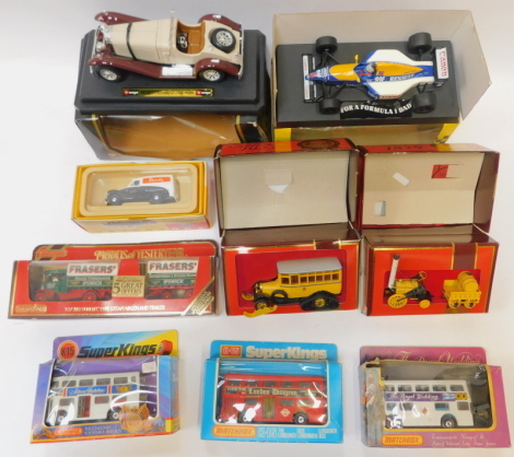 Diecast collectors vehicles, comprising Matchbox Royal Wedding Bus, Vanguards Whitbread Candy, Matchbox Models of Yesteryear 1923 Scania Bavis Post Bus, Matchbox Yesteryear 1829 Stephenson's Rocket, Superkings K15 (x2), Burago Mercedes Benz SSK 1928, Mode