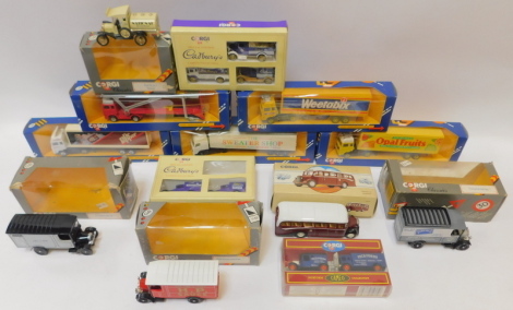 Corgi diecast models, comprising two Cadbury's Cameo Collections, five containers C1238, Corgi Commercials Bedford 08 Edinburgh Thornycroft van, Thornycroft box van, Ford Model T tanker, Thornycroft box Van, Corgi Cameo Pickfords collection, etc., boxed. 