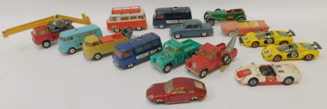 Diecast cars and vans, playworn, to include Corgi Land Rover 109WB, Mini Marcos, Comiton chassis, Renault Fluoride, Ferrari Dyno (x2), Standard Vanguard 3, Land Rover 109, Volkswagen, and others. (1 tray)