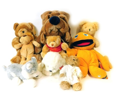 A group of cuddly toys, to include Russ Dog, Queen Victoria Cunard bear, collectors bear lion, muppet, etc. (1 box)