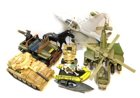 A group of Action Men vehicles, to include Submarine Woofer, tank, Jeep, weapons, horse, etc. (1 box)