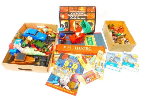 Various toys and games, comprising a Hong Kong battery operated rickshaw, 007 Tomorrow Never Dies video box set, Pioneer's of Aviation Days Gone models, playworn diecast vehicles, spud guns, etc. (a quantity)