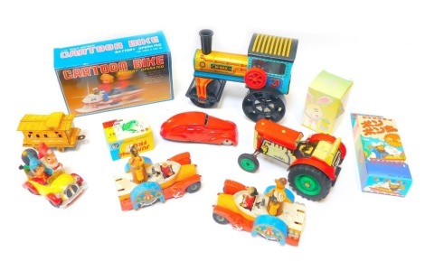 Various tinplate and other toys, comprising battery operated cartoon bike, Japanese tinplate wares, jumping frog, Noddy car, tractor, etc., some boxed. (1 tray)