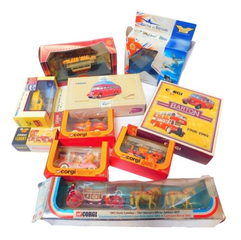 Corgi and other boxed diecast vehicles, comprising Reliant Regal Super Van Only Fools and Horses, The Muppet Show Corgi figures, Aviation Archive Battle of Britain planes, Barton Corgi set, Corgi Commercials red bus, Corgi Classics sports car, Coronation 