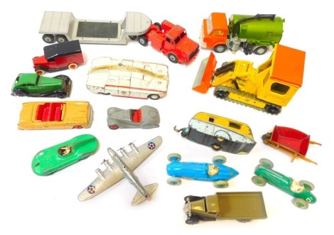 Diecast vehicles, Corgi, Dinky and others, play worn, to include Johnson Road Sweeper, The Maximum Security vehicle, flatbed trucks, Talbot Lago, Cooper Bristol, and others. (1 tray)