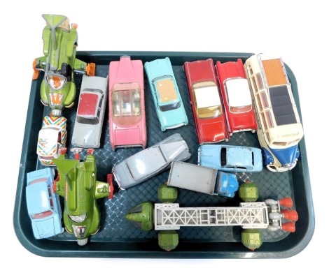 Corgi diecast vehicles, play worn, to include Oldesmobile Super 88, Volkswagen, cranes, Buck Rogers, fire truck, Pelham Puppet box, etc. (1 tray plus)