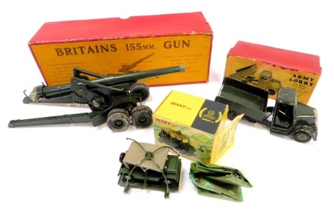 W Britain's armoured vehicles, comprising The Army Lorry, with driver, four wheel, No 1334, boxed, a Britain's 155mm gun, No 2064, boxed, and a Dinky Toys Austin Paramoke, Model 601, boxed. (3)