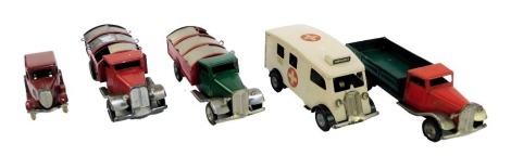 Four Minic Toys clockwork vehicles, comprising two cars, flatbed truck, ambulance, together with a Tri-ang Minic Toys push-a-long Royal Mail van. (5)