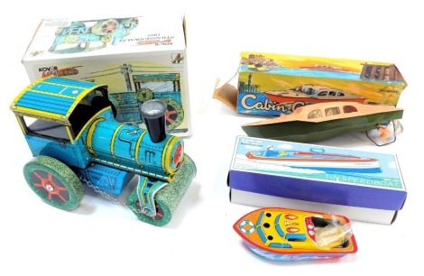 Tinplate clockwork toys, comprising a Kovar Retro Road Roller 1927, a Cabin Cruiser clockwork powered Wellstow Toys model, and a Schylling Fireball tin speedboat, boxed. (3)