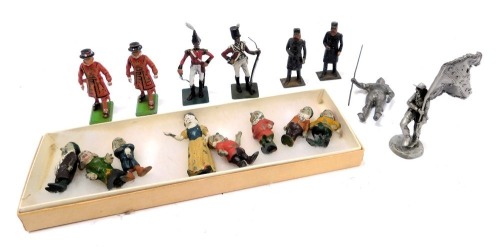 Painted lead soldiers and figures, comprising cavalry officers, station masters, and a set of Snow White and the Seven Dwarves. (2 boxes)