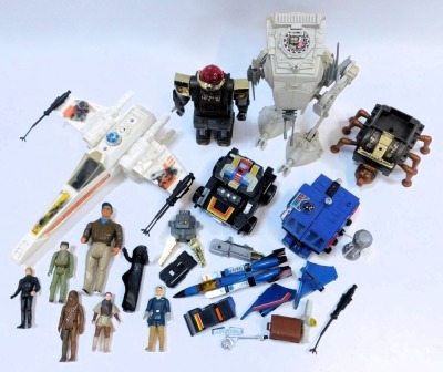 Kenner Star Wars figures and vehicles, and Yonezawa battery operated robots, including Chewbacca, Princess Leia, ATST, Luke Skywalker's X Wing, etc. (1 box) - 2